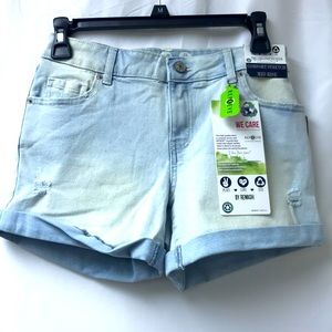 The girlfriend jeans shorts distressed blue size 0 mid rise
